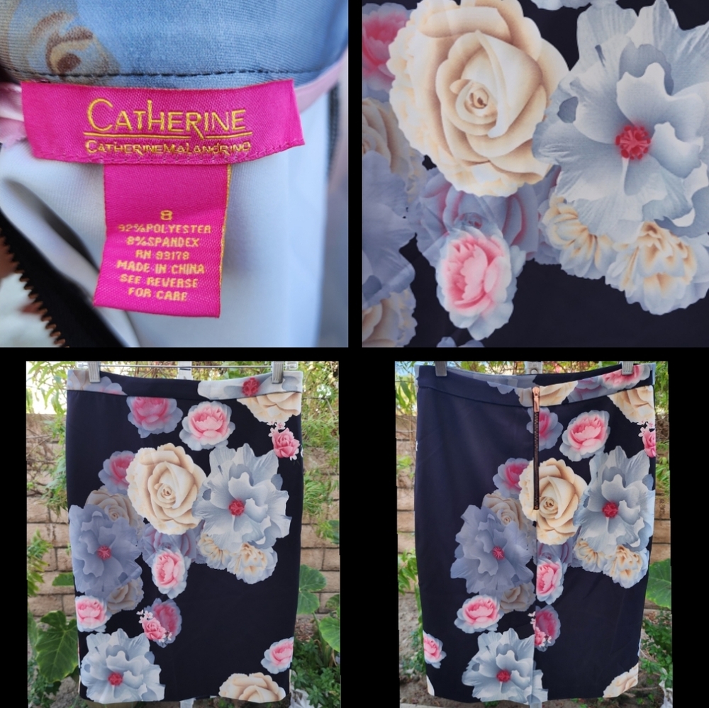 8 women CATHERINE Malandrino floral pencil stretch skirt exposed zipper